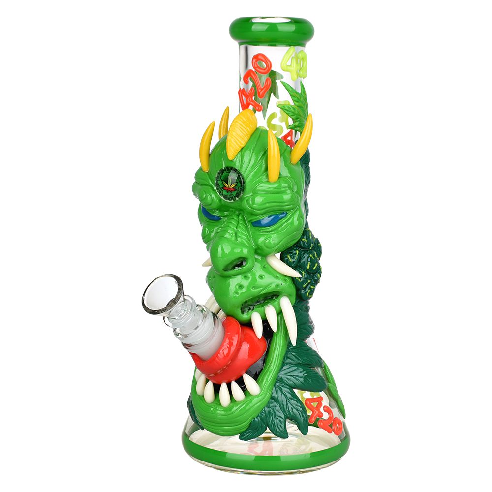 Reference photo for Glow-in-the-Dark Bong. Pictured model: Glowfly Glass 10" Glow-in-Dark Dragon Beaker Bong with Ice Catcher.