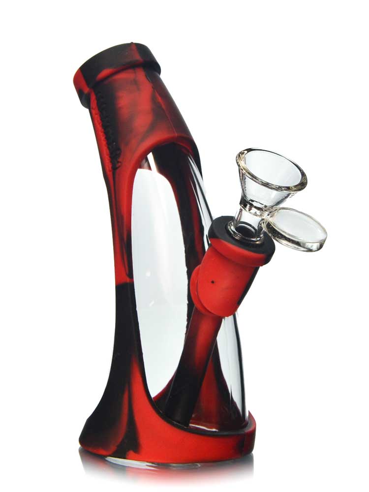 Reference photo for Silicone and Glass Hybrid Bong. Pictured model: Waxmaid Mini Horn Silicone Glass Bubbler Bong.
